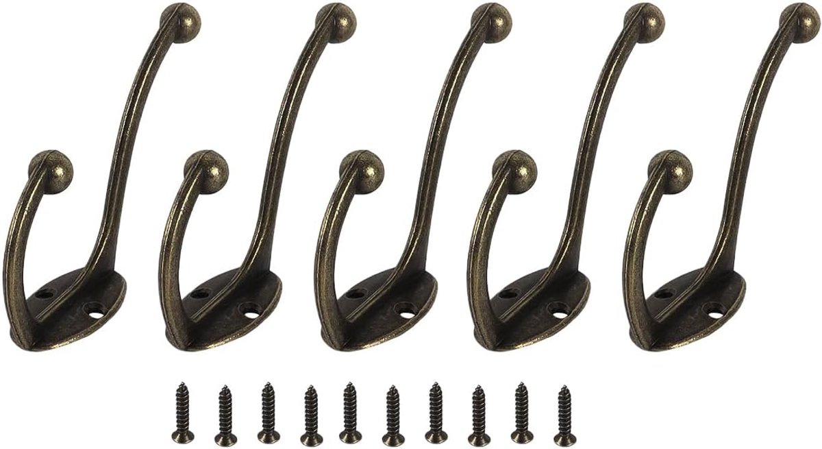 Wandhaken set van 5 - bronslook gietijzer - vintage stijl - ideaal voor hoeden en handdoeken - ShopVlot