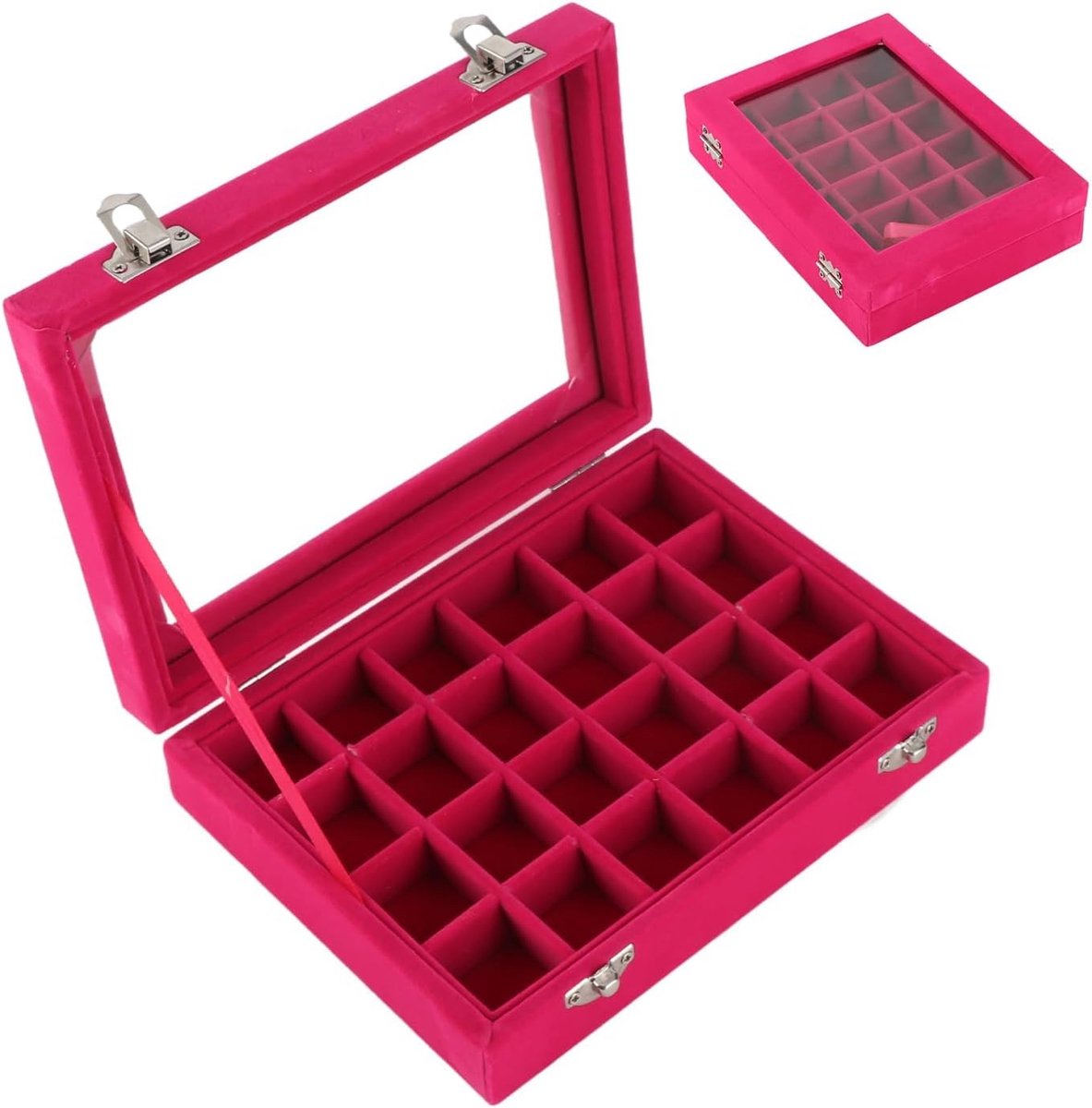 Sieradendoos organizer 24 vakken - rood - transparante deksels - perfect voor oorbellen en ringen - ShopVlot