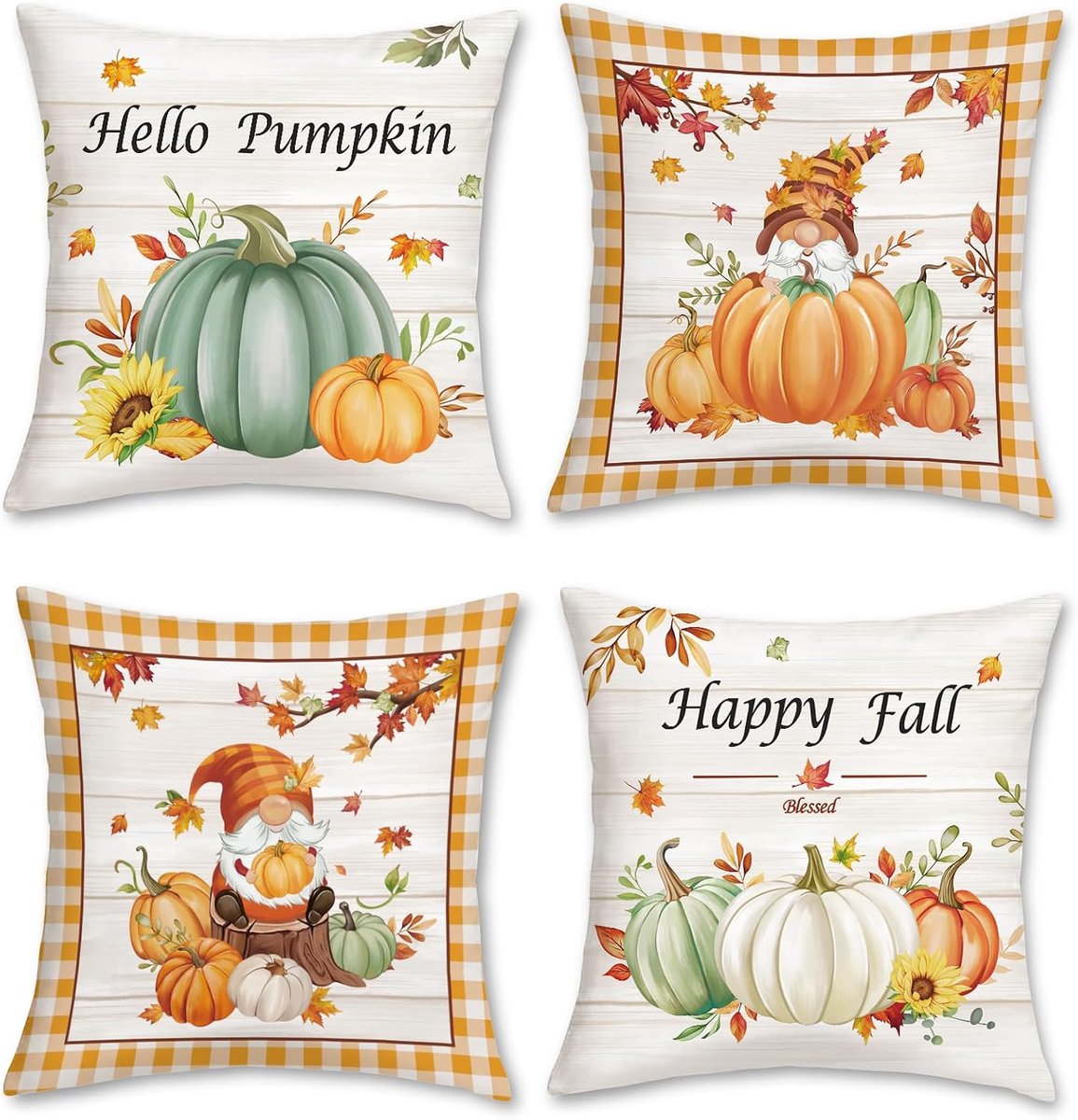 Kussenhoezen 45 x 45cm - Beige Groene Oranje Pompoenen - Schattige Gnomes en Herfstbladeren - ShopVlot