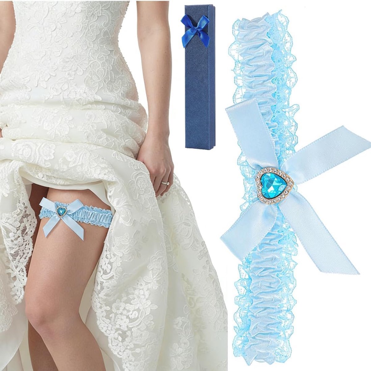 Kousenband voor de bruid - blauw - elastische kant met kristallen - elegant accessoire voor de bruid - ShopVlot