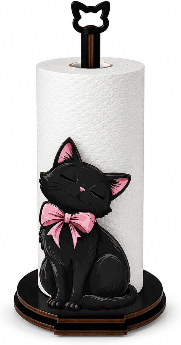Keukenrolhouder staand - zwart houten design - kattenmotief - stabiele opslag voor keukenrollen - ShopVlot