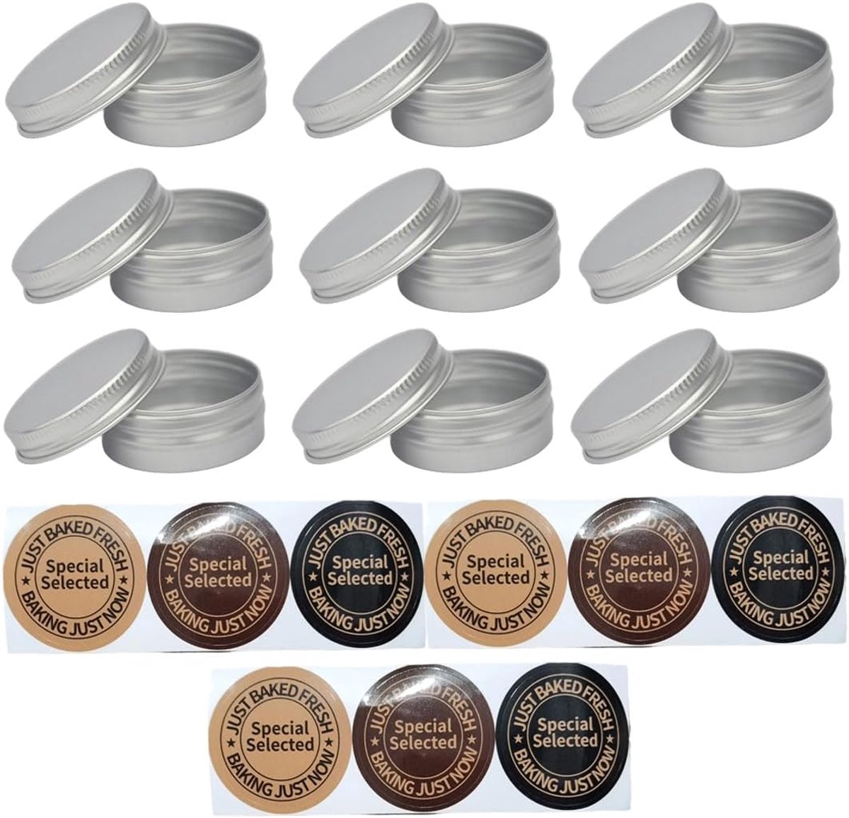 Pack of 9 Empty Aluminium Tins with Screw Lid for Cosmetics, Candles, Ointments, Includes 9 x Labels (15g) (Silver) - ShopVlot