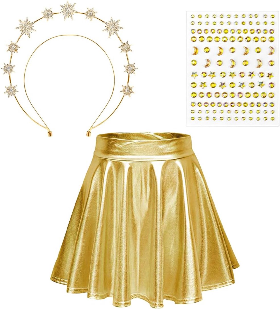 Sprinlot Metallic Gold Skirt Women's Gold Double Star Headband Elastic Skirt Shiny Skirt with Headband for Women - ShopVlot