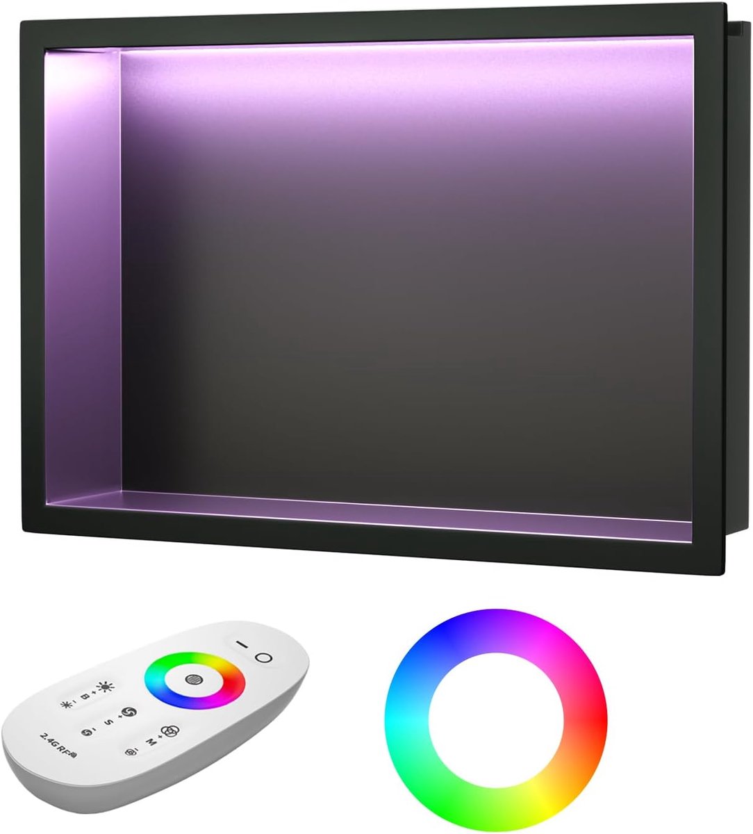 Wanddouche roestvrij staal met RGB LED, wandnis badkamer nis doucheruimte betegelbaar met afstandsbediening 45cm×30cm - ShopVlot