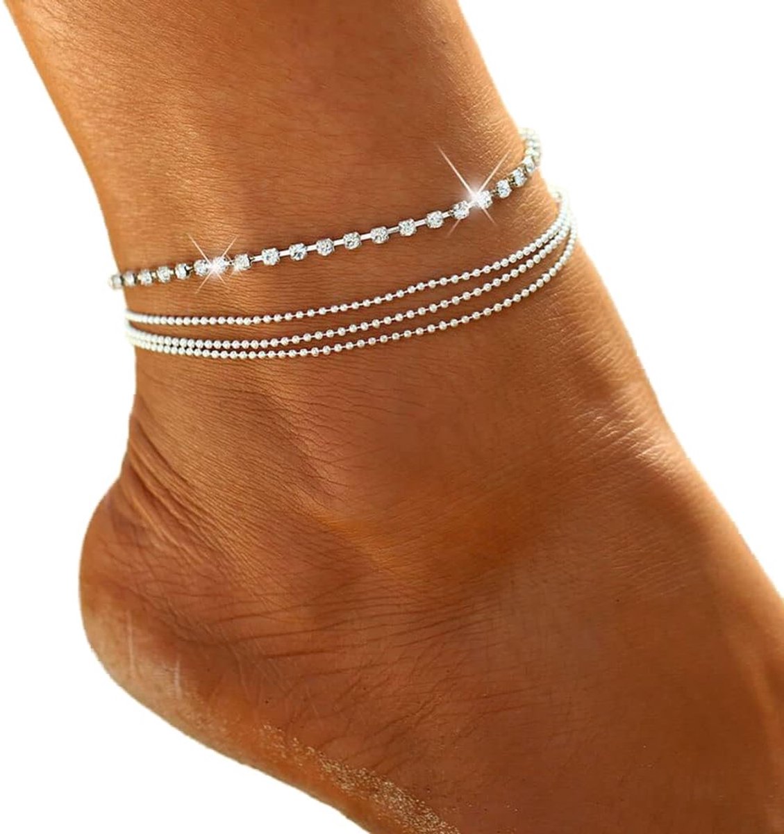 Prosy Beach Rhinestone Rhinestone Anklet Silver Crystal Ankle Bracelets Necklace Adjustable Foot Jewelry for Women - ShopVlot