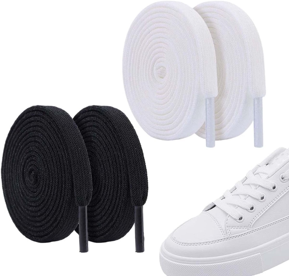4 elastische veters voor volwassenen, plat, 120 cm, met metalen punten, zwart en wit, voor kinderen van 3-12 jaar - ShopVlot
