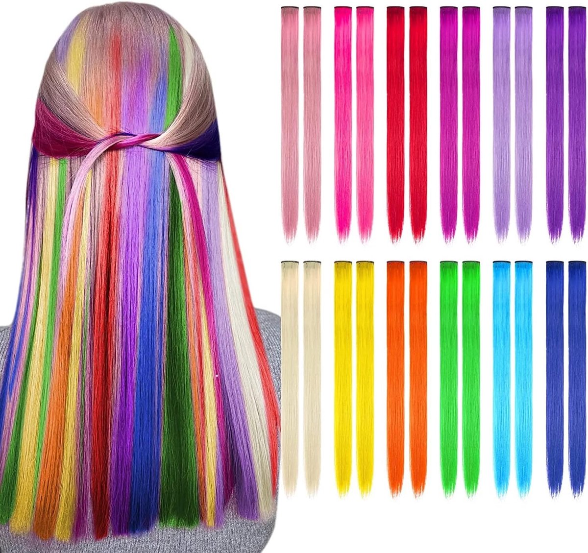 24 Pieces Rainbow Clips, Coloured Clips, Synthetic Clips, Hair Extensions, Hair Accessories, DIY Decoration, Cosplay - ShopVlot