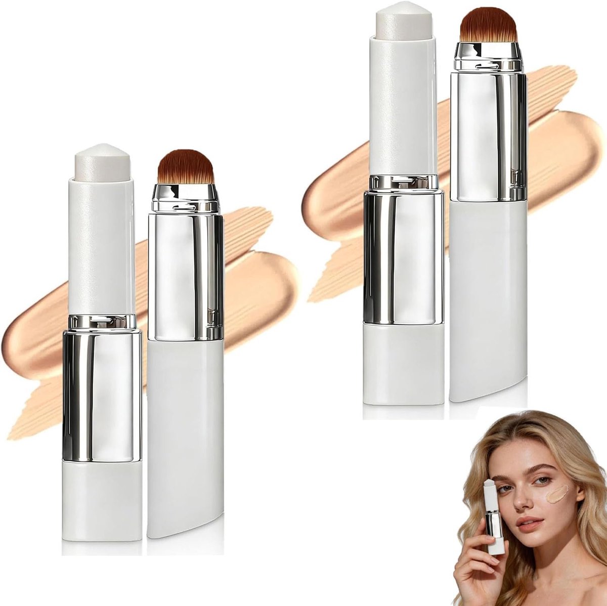 Faccelove Foundationstick met kwast, 2-in-1 kleurveranderende foundationstick met SPF 15, natuurlijke gloed en - ShopVlot