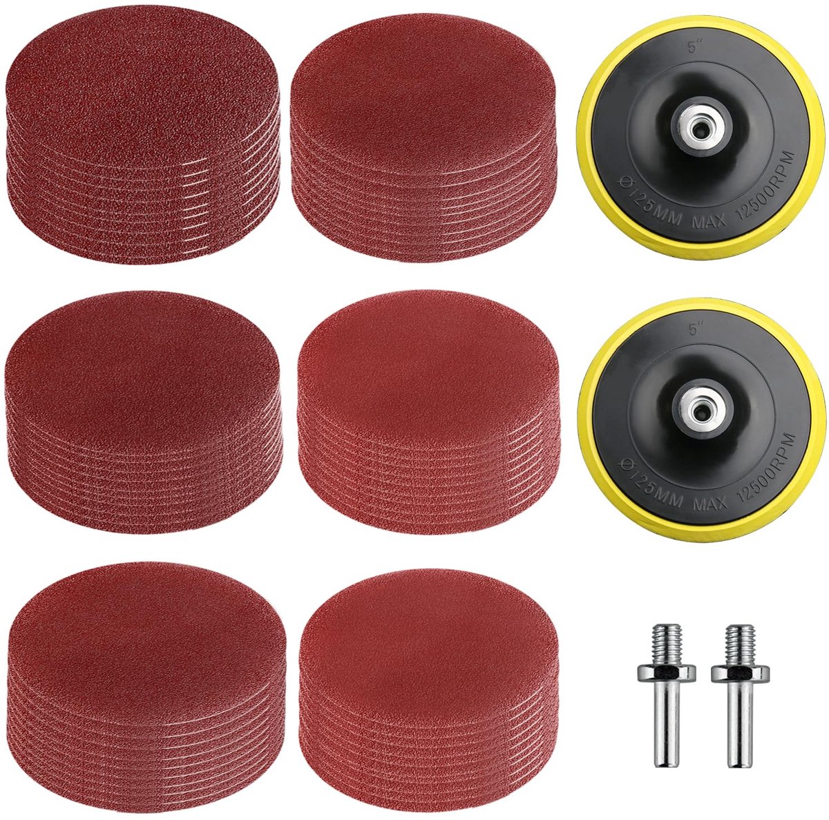 60 Sheets Sandpaper 125 mm Strap, 2 Pieces Backing Discs, Sandpaper 40/80/120/180/240/320 Granulation, M14 Sanding - ShopVlot