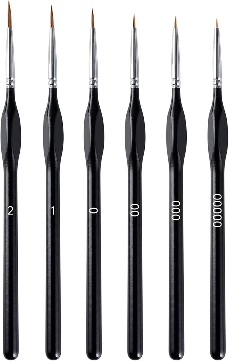 Penselenset met Fijne Details - Zwart - 6 stuks - Nylon Borstels met Koperen Hulzen - Voor Schilderen en Modelbouw