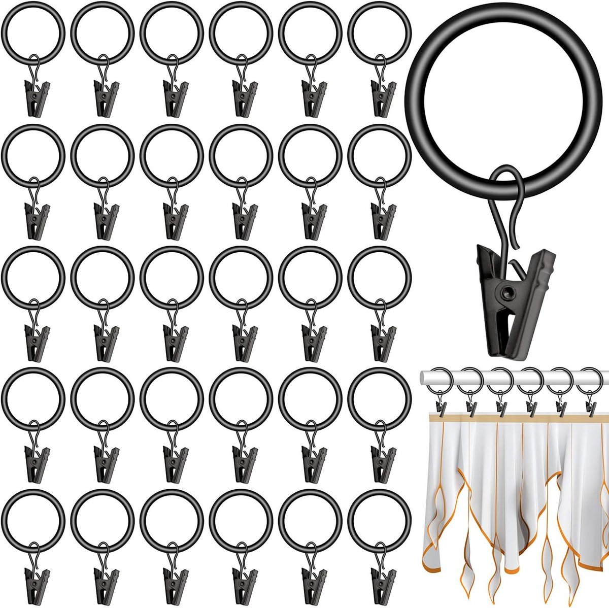 Pack of 40 Black Curtain Rings 25 mm Metal Curtain Rings with Clips, Modern and Elegant - ShopVlot
