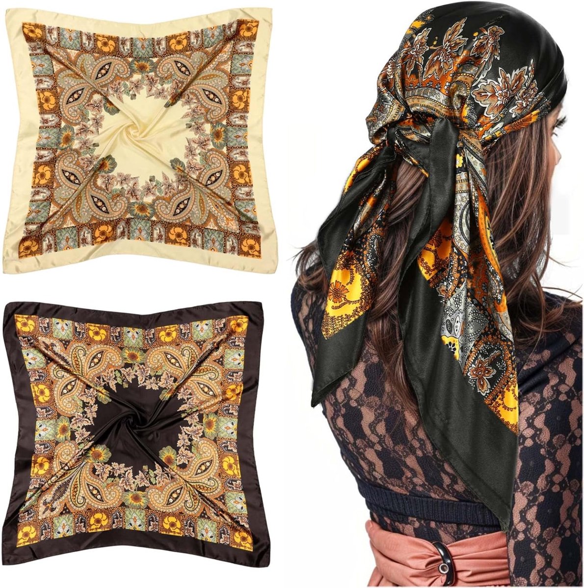 Pack of 2 women's hair scarves, soft square silk scarf, silk scarves for women, bandanas for sleeping, beach - ShopVlot