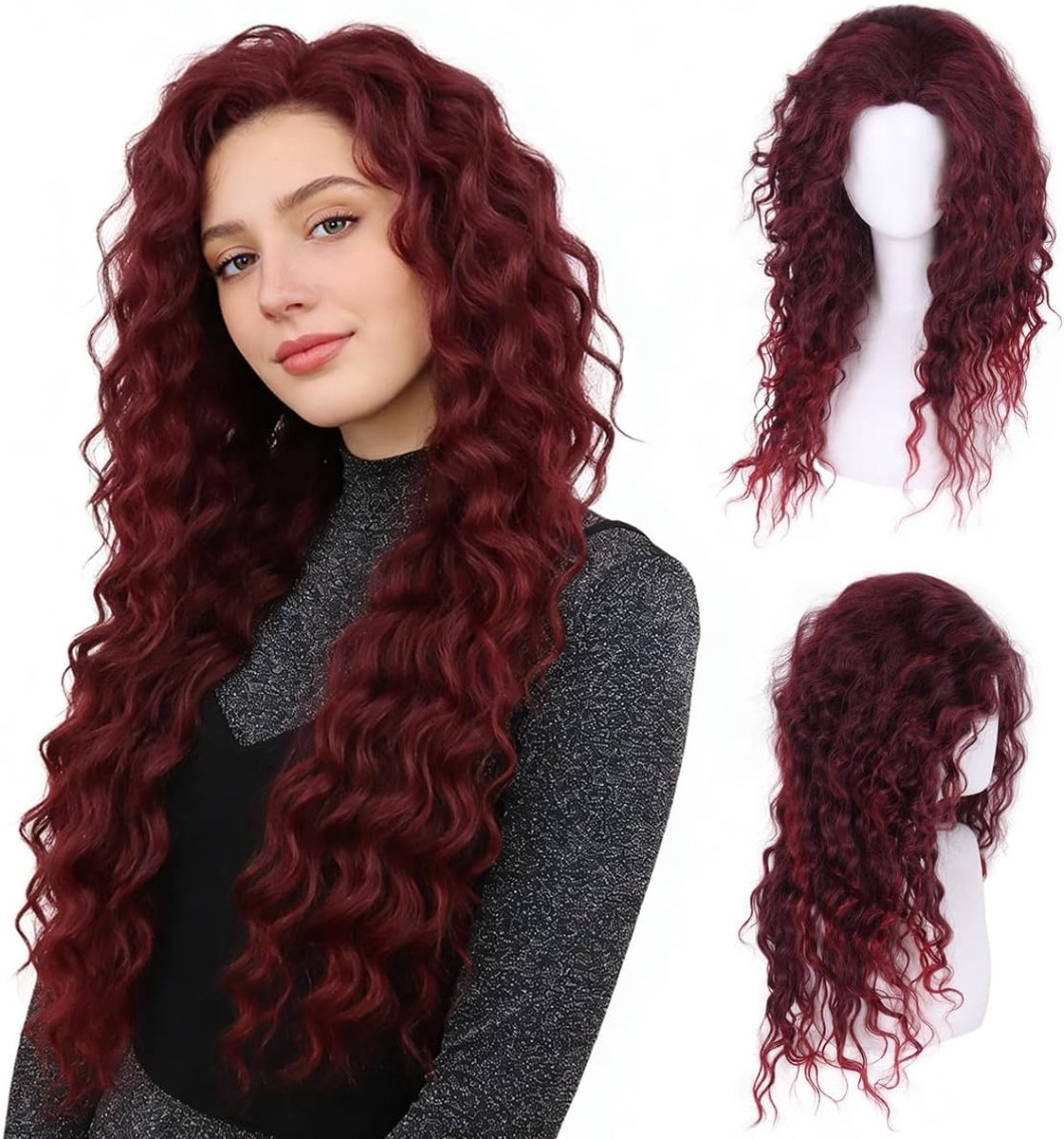 GNIMEGIL Lange,krullende bordeauxrode pruiken voor dames - synthetisch haar in bodywave-stijl met natuurlijke - ShopVlot