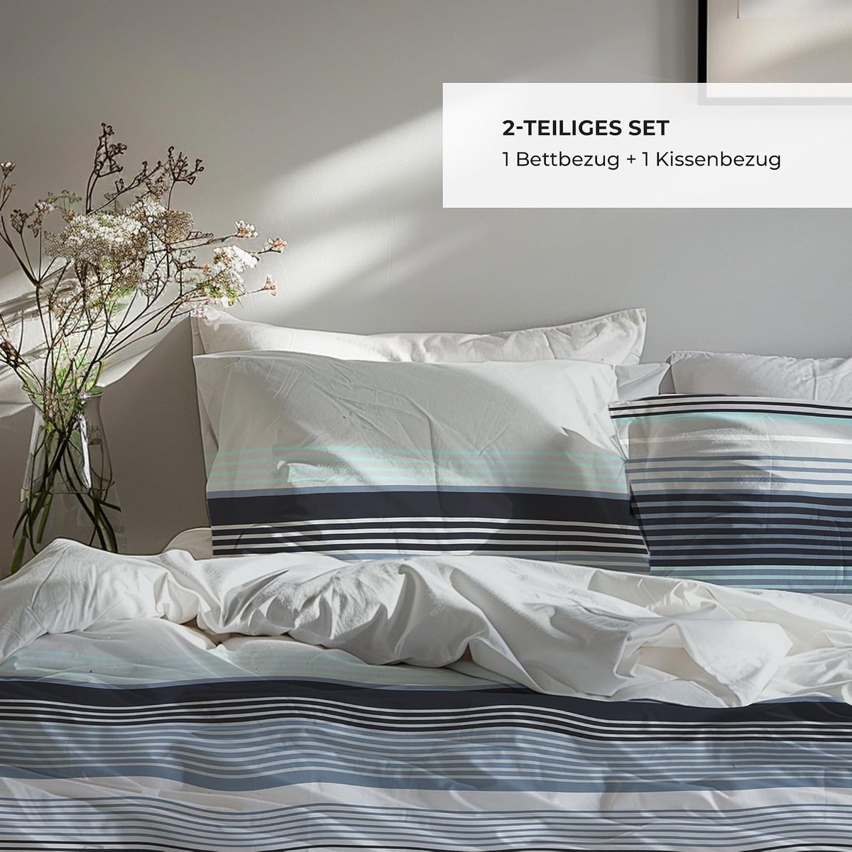 Premium Bed Linen, 135 x 200 cm, 100% Cotton Breathable Renforcé with Zip, Turquoise/Grey Striped, 2-Piece Bedding - ShopVlot