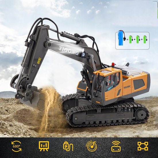 Grijze en gele RC-graafmachine schept zand. Inclusief batterijen en lader.
