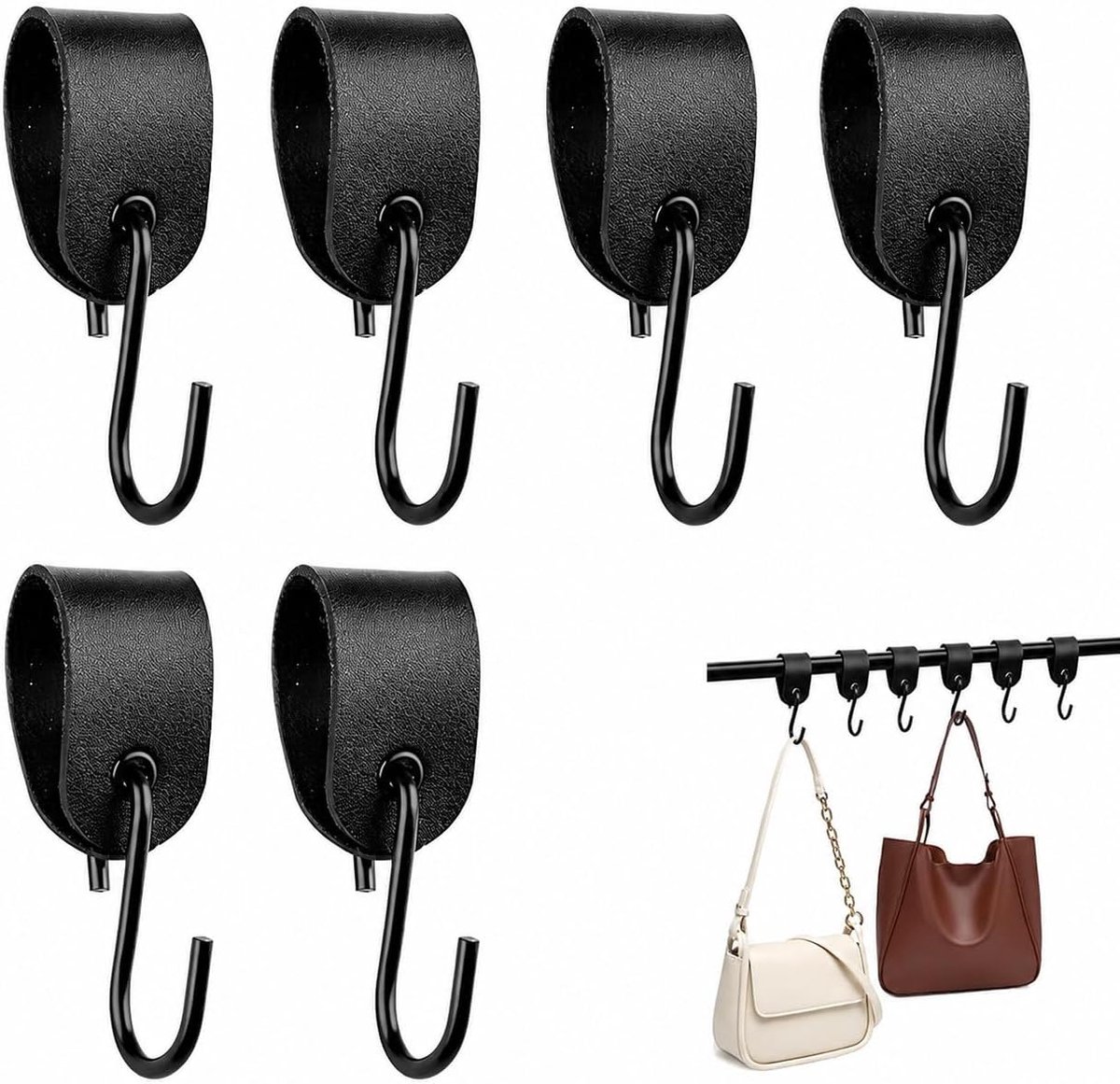 S haken met leren lus 6 stuks - zwarte roestvrijstalen hanghaken - compact en stevig - ShopVlot