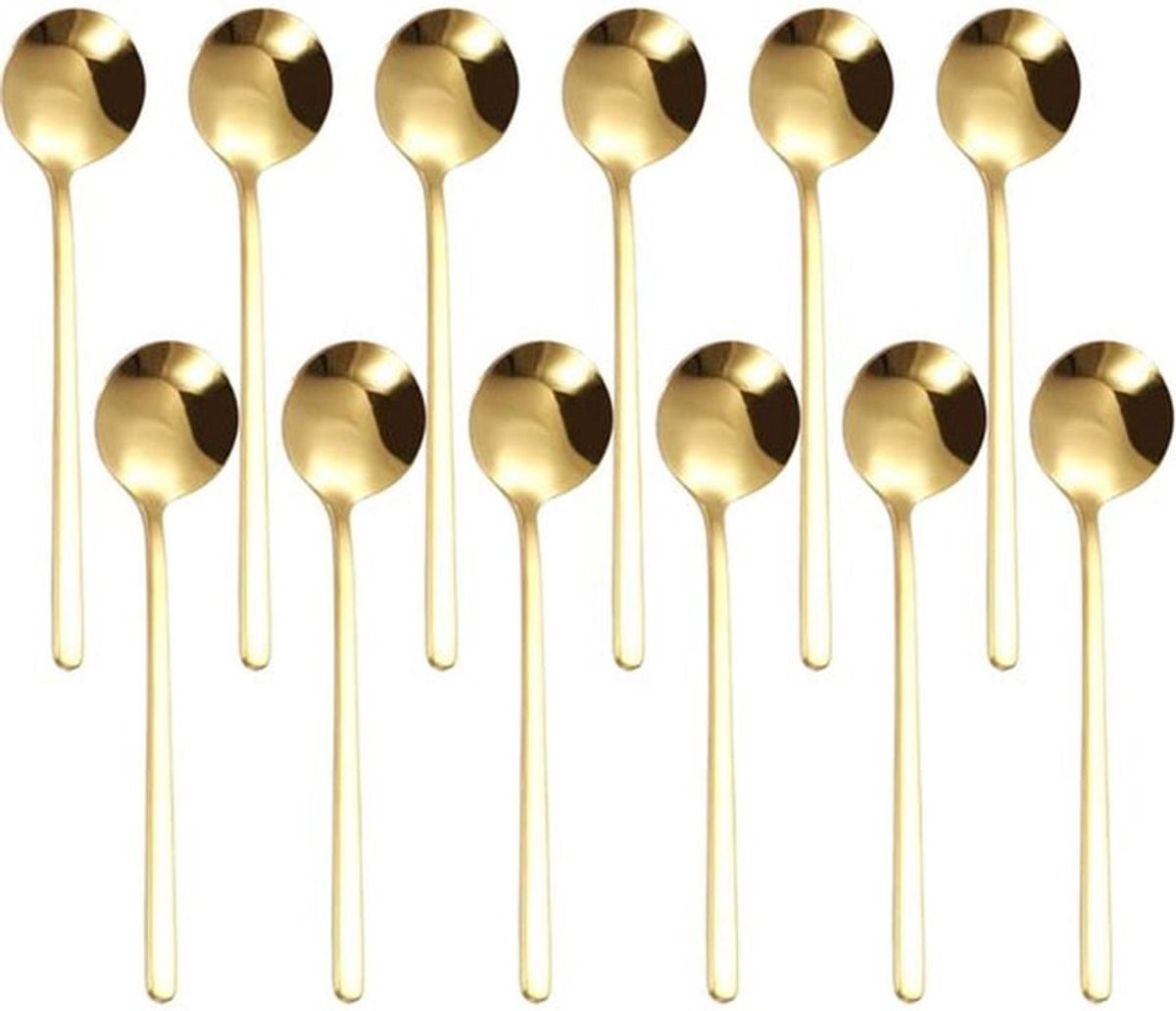 Roestvrijstalen Lepels - Koffielepels met Lang Handvat - Duurzaam en Roestbestendig - Gouden Kleur - Keukengerei voor Dessert - 12 Stuks