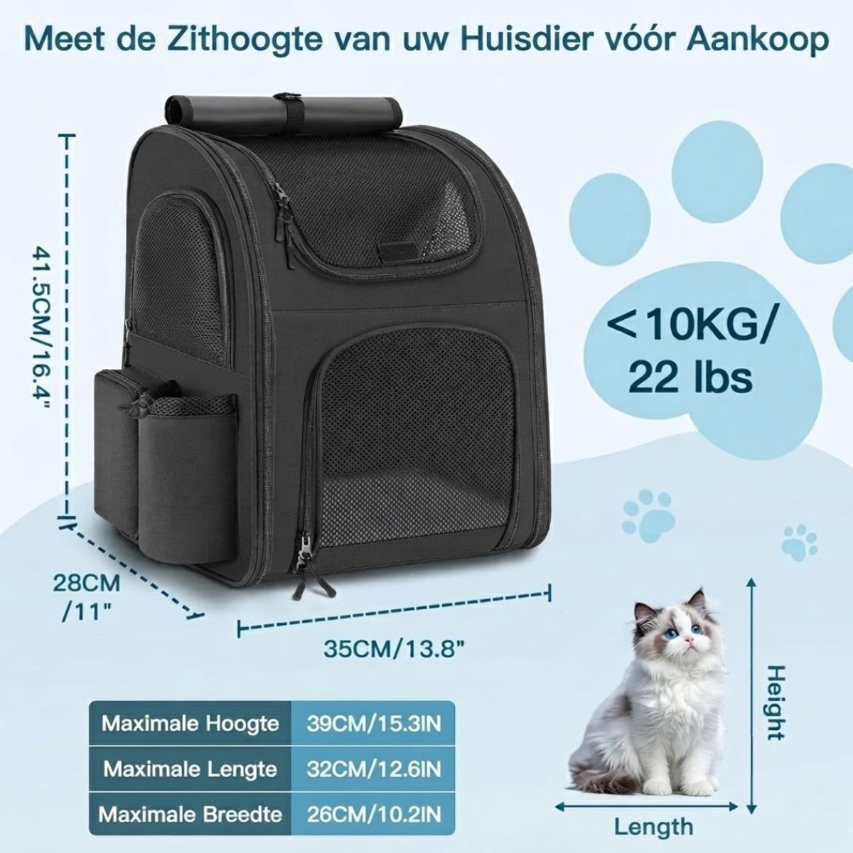 NIVA® Hondenrugzak - Hondenrugzak tot 10 kg – Huisdier Transporttas – Draagtas voor Kleine Huisdieren - Zwart - 35cm x 28cm x 42cm