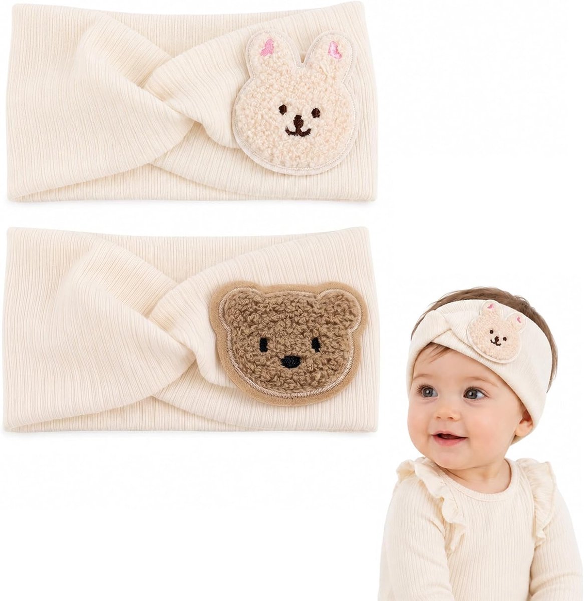 Babyhoofdband 2-delig - Beige gevlochten gebreid - Konijn- en berenpatroon - Perfect voor pasgeborenen - ShopVlot