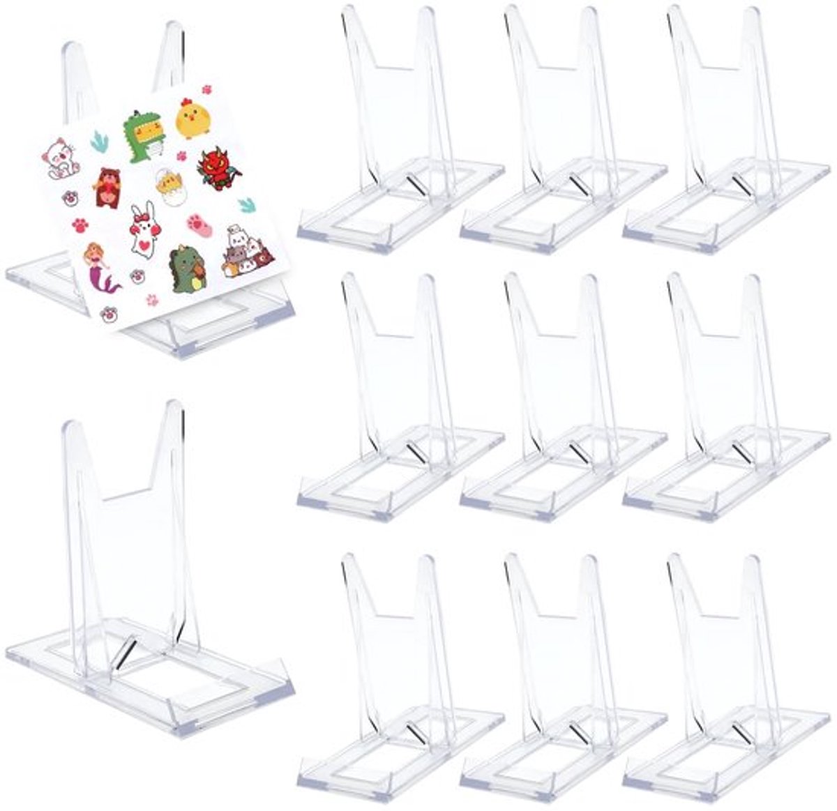 10 stuks acryl standaard met 1 stickers, transparante displaystandaard, bordenstandaard, acryl, fotostandaard, verstelbare ansichtkaartstandaard, bordenhouder, standaard voor kaarten, boekenstandaard