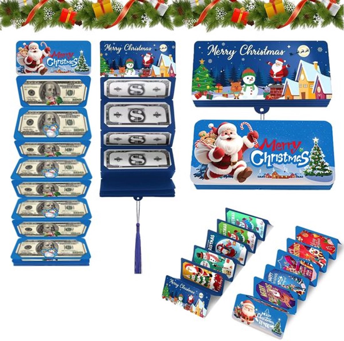 Geldportefeuille 4 Stuks - Kerstportefeuille - Geldgeschenken - Contant Geld - Kaartsleuven 10 - Blauw Papier - Cadeauportemonnee