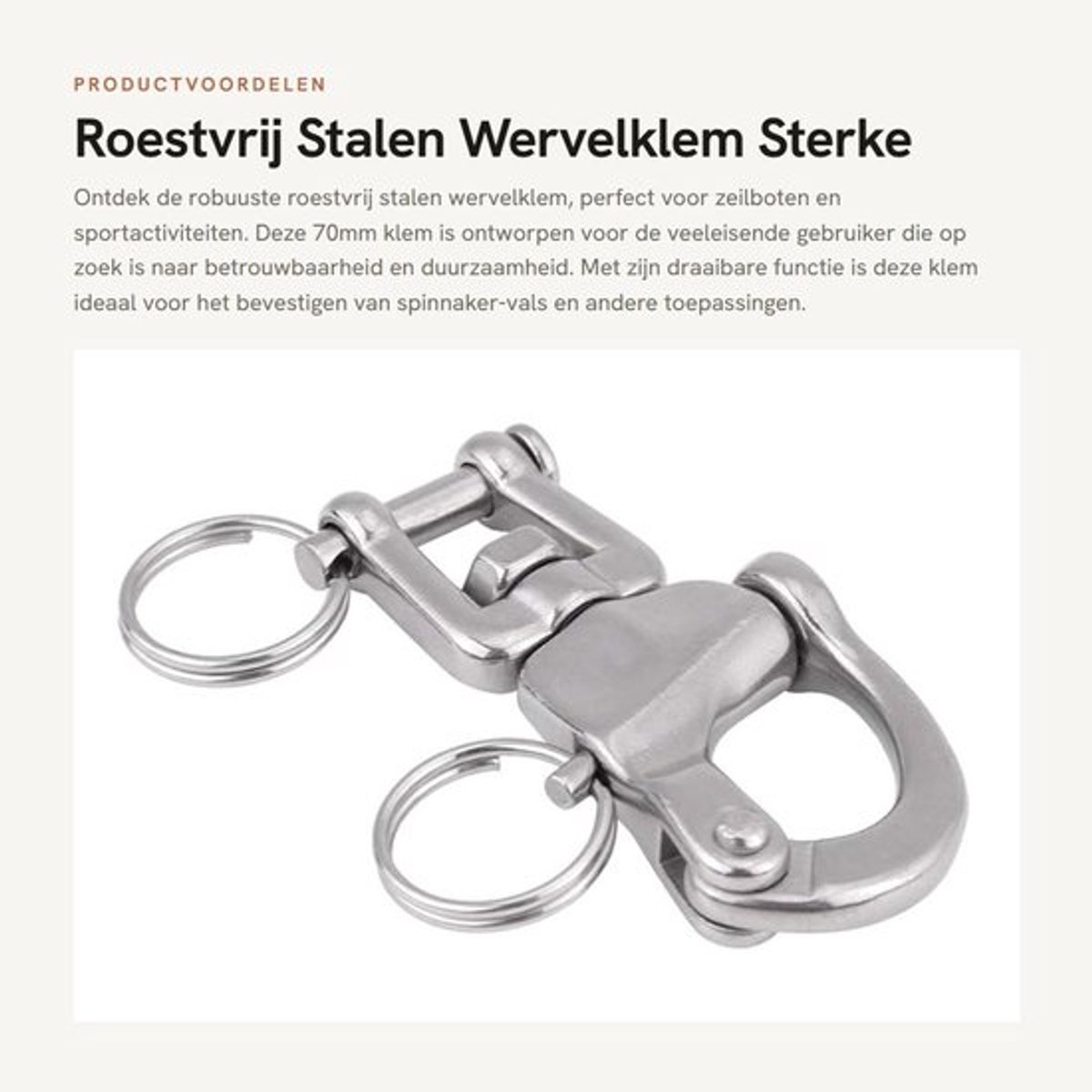 Wervelklem Roestvrij Staal AISI 316 - Draaibare Karabijnhaak - Klauwtype Kaakwervels - Vervanging Panic Snap - Sterke Beugel 70mm