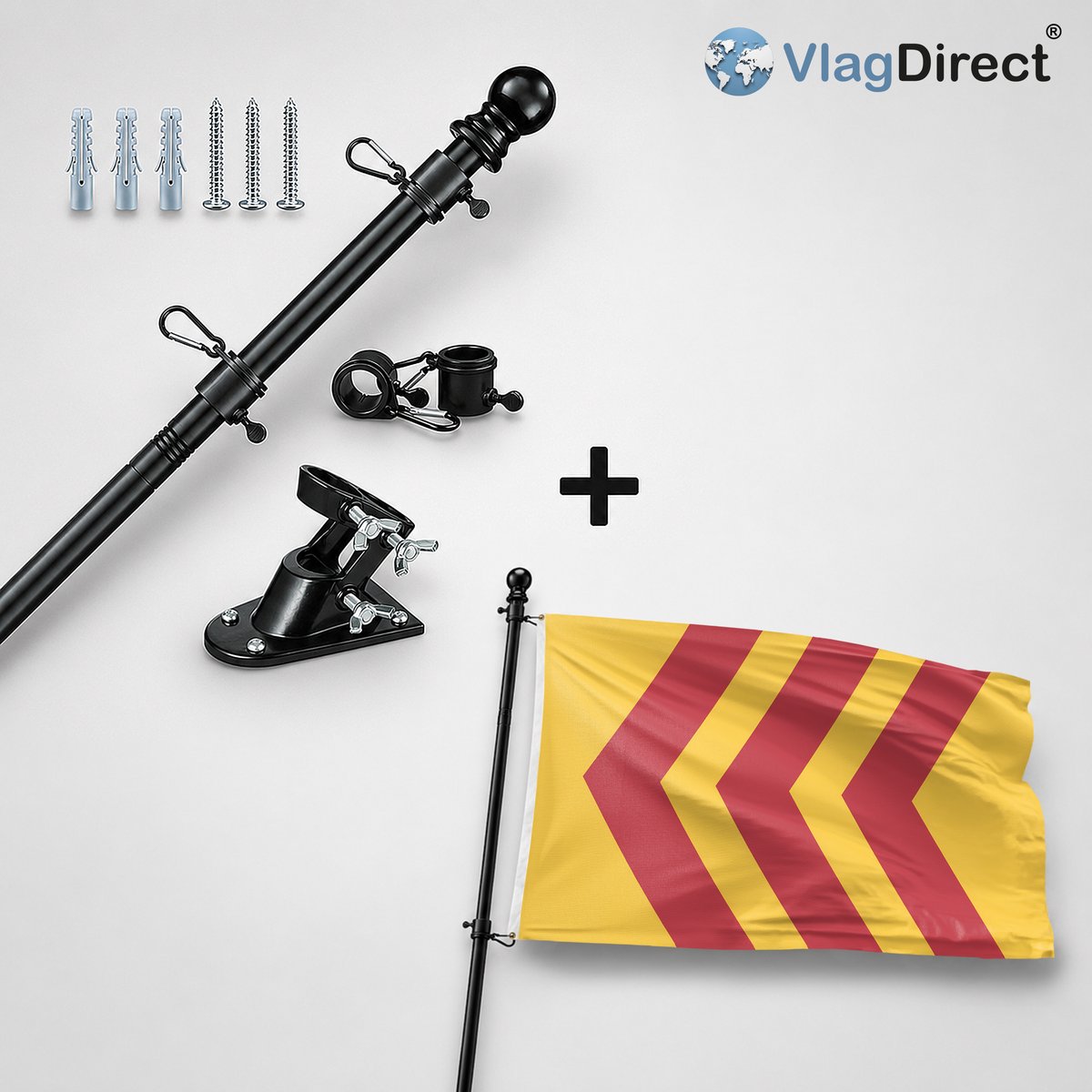 VlagDirect - Compleet vlaggenpakket - Zwarte vlaggenstok inclusief vlaggenstokhouder + Voorst vlag - Gemeente Voorst vlag - 90 x 150 cm.