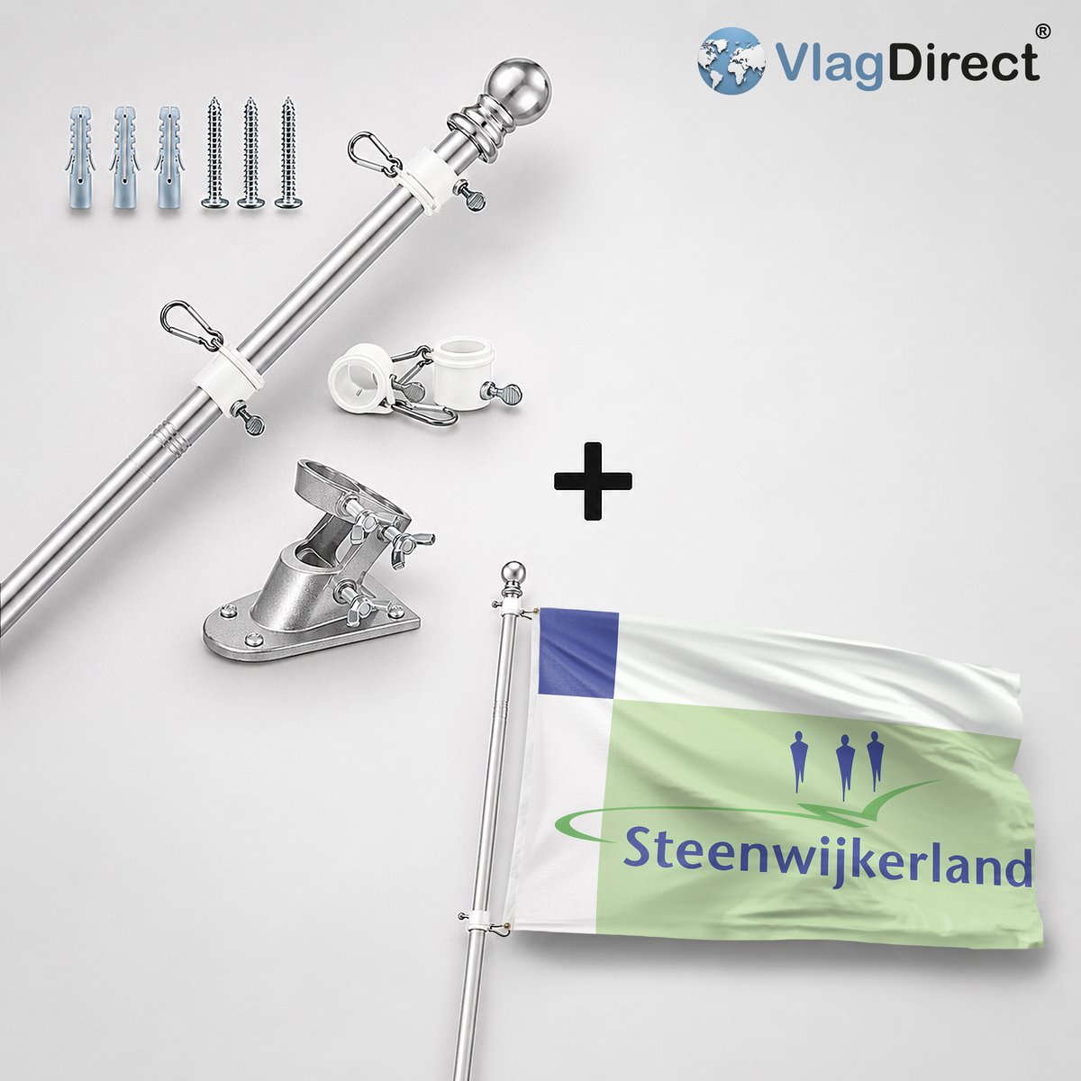 VlagDirect - Compleet vlaggenpakket - Zilveren vlaggenstok inclusief vlaggenstokhouder + Steenwijkerland vlag - Gemeente Steenwijkerland vlag - 90 x 150 cm.