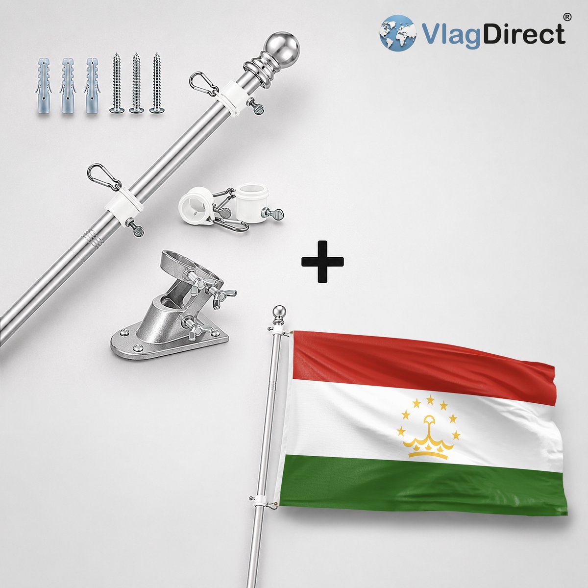 VlagDirect - Compleet vlaggenpakket - Zilveren vlaggenstok inclusief vlaggenstokhouder + Tadzjiekse vlag - Tadzjikistan vlag - 90 x 150 cm.