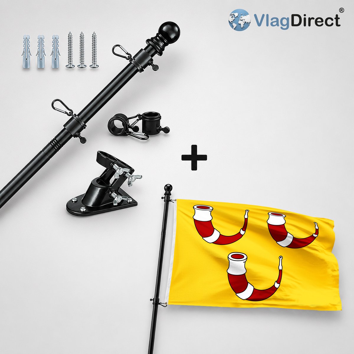 VlagDirect - Compleet vlaggenpakket - Zwarte vlaggenstok inclusief vlaggenstokhouder + Kinrooise vlag - Gemeente Kinrooi vlag - 90 x 150 cm.