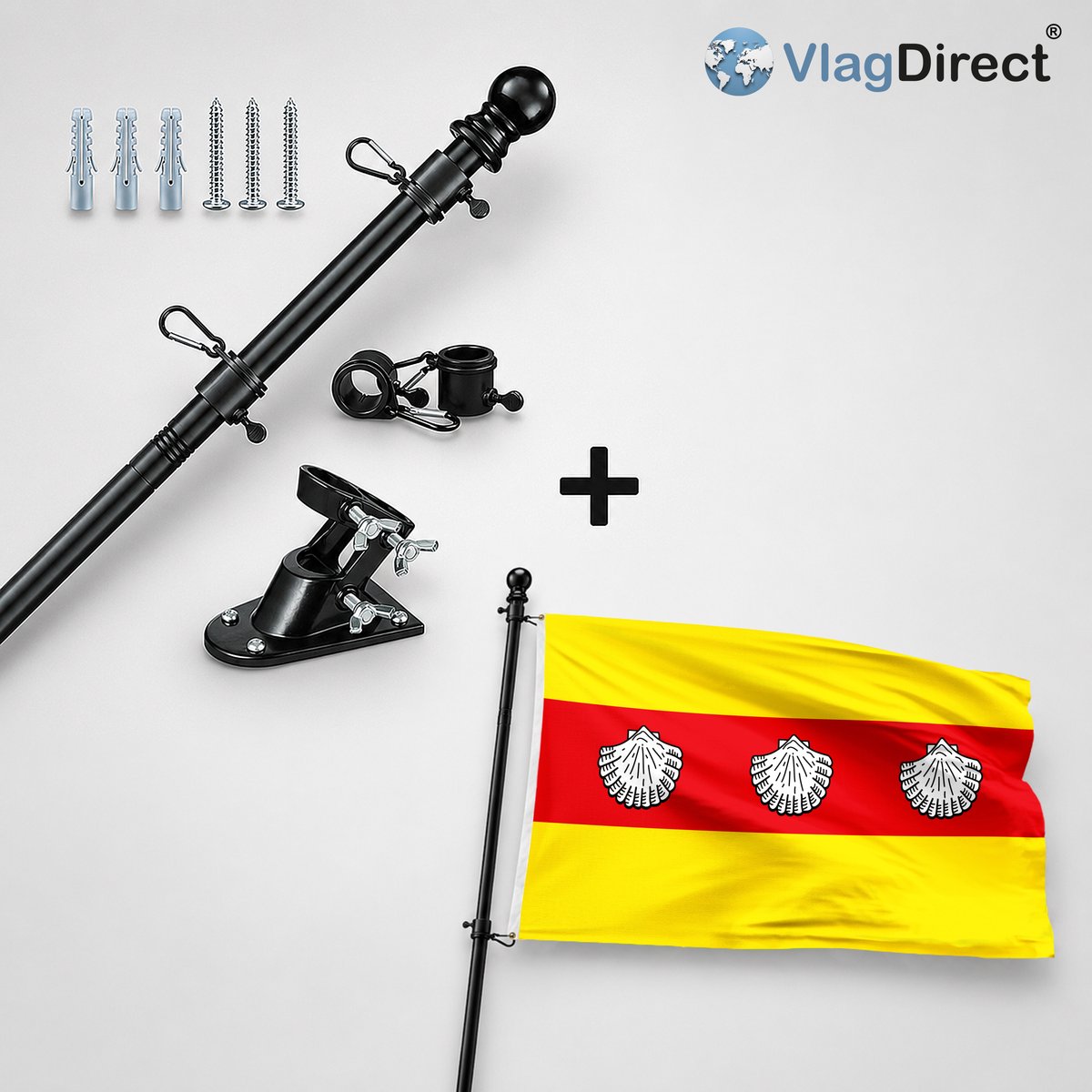 VlagDirect - Compleet vlaggenpakket - Zwarte vlaggenstok inclusief vlaggenstokhouder + Knokke-Heistse vlag - Gemeente Knokke-Heist vlag - 90 x 150 cm.