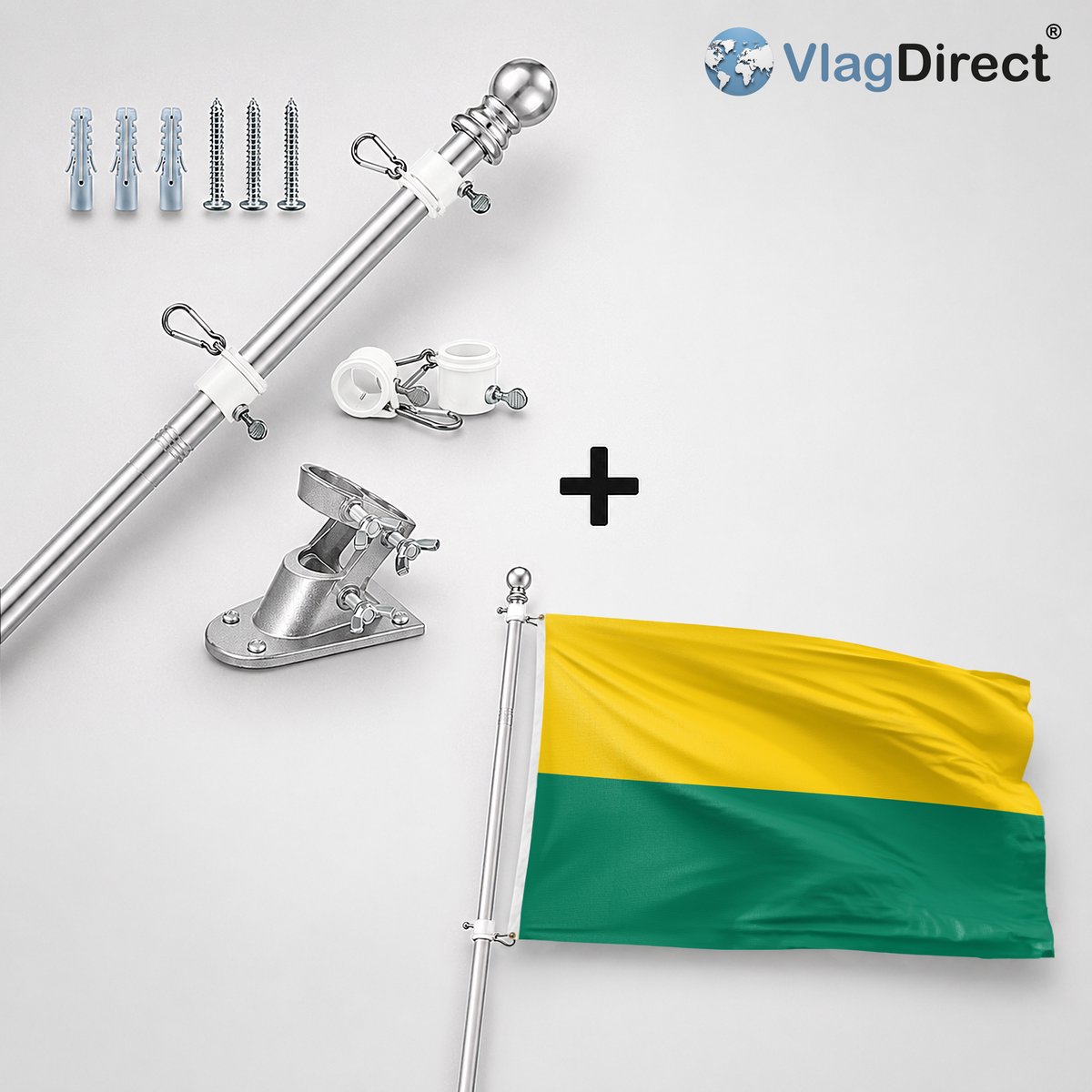 VlagDirect - Compleet vlaggenpakket - Zilveren vlaggenstok inclusief vlaggenstokhouder + Haagse vlag - Den Haag vlag - 90 x 150 cm.