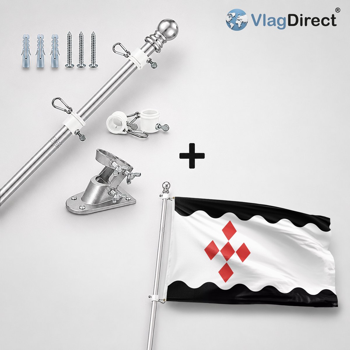 VlagDirect - Compleet vlaggenpakket - Zilveren vlaggenstok inclusief vlaggenstokhouder + Peel en Maas vlag - Gemeente Peel en Maas vlag - 90 x 150 cm.