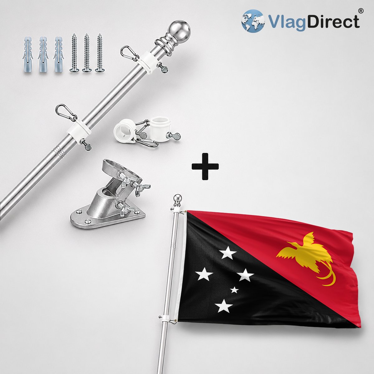 VlagDirect - Compleet vlaggenpakket - Zilveren vlaggenstok inclusief vlaggenstokhouder + Papoea-Nieuw-Guinese vlag - Papoea-Nieuw-Guinea vlag - 90 x 150 cm