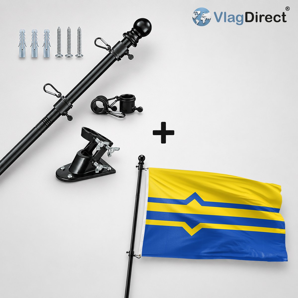 VlagDirect - Compleet vlaggenpakket - Zwarte vlaggenstok inclusief vlaggenstokhouder + Lochem vlag - Gemeente Lochem vlag - 90 x 150 cm.