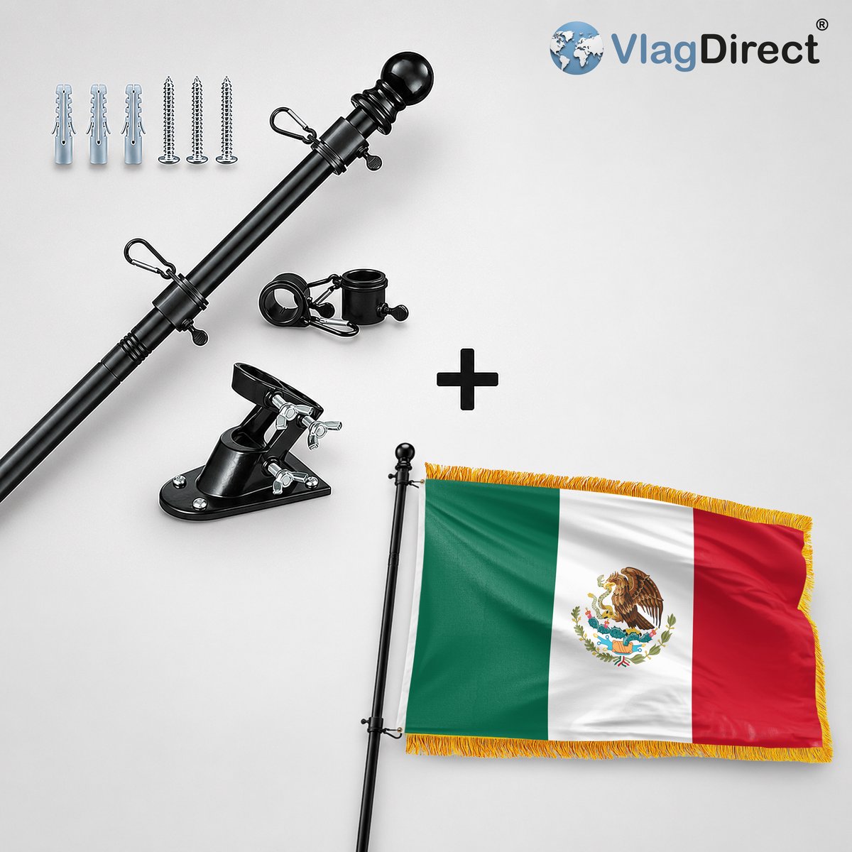VlagDirect - Compleet vlaggenpakket - Zwarte vlaggenstok inclusief vlaggenstokhouder + Mexicaanse vlag - Mexico vlag - 90 x 150 cm.