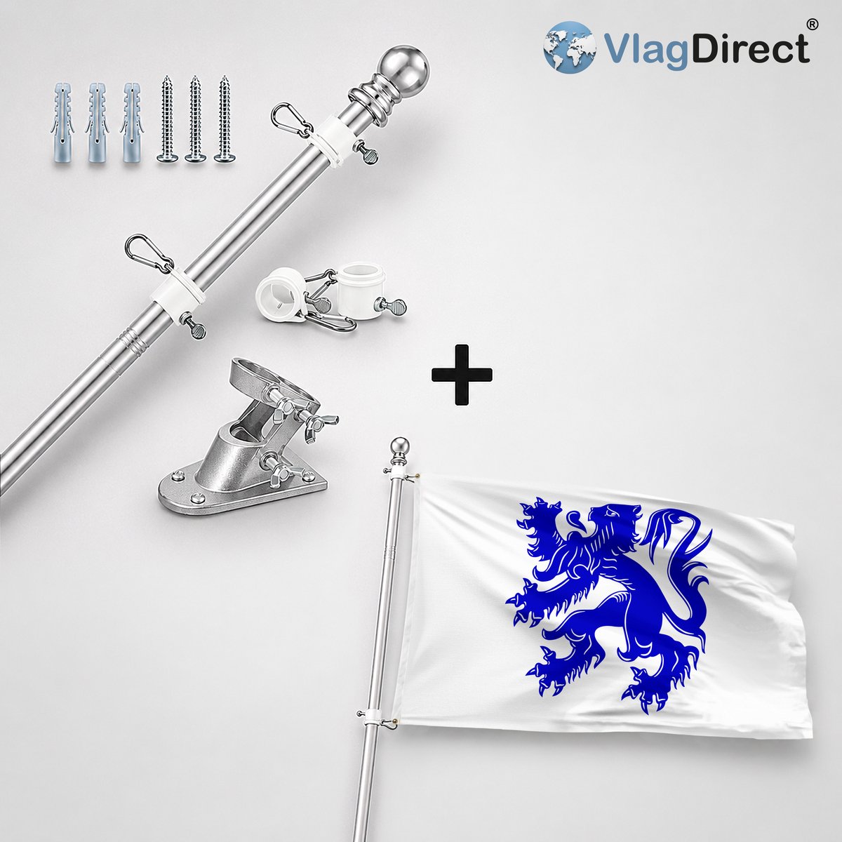 VlagDirect - Compleet vlaggenpakket - Zilveren vlaggenstok inclusief vlaggenstokhouder + Tervuurse vlag - Gemeente Tervuren vlag - 90 x 150 cm.