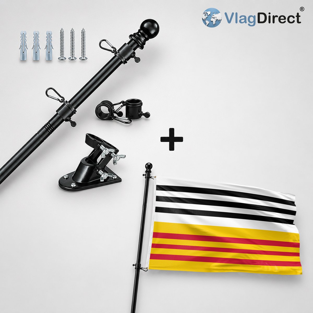 VlagDirect - Compleet vlaggenpakket - Zwarte vlaggenstok inclusief vlaggenstokhouder + Loon op Zand vlag - Gemeente Loon op Zand vlag - 90 x 150 cm.