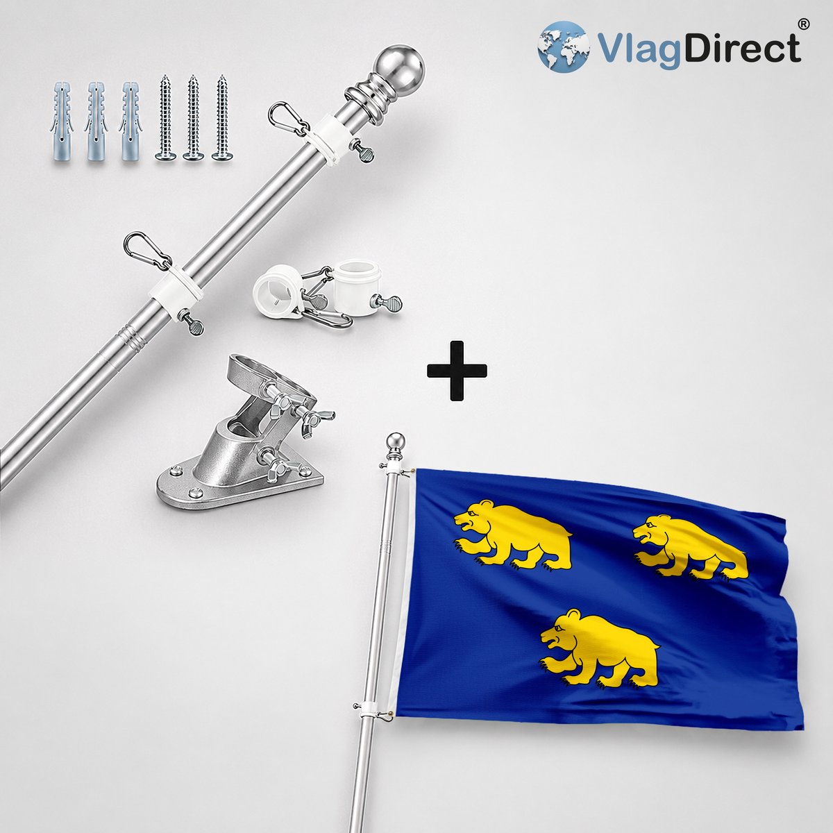 VlagDirect - Compleet vlaggenpakket - Zilveren vlaggenstok inclusief vlaggenstokhouder + Beernemse vlag - Gemeente Beernem vlag - 90 x 150 cm.