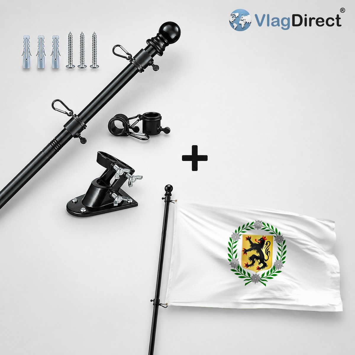 VlagDirect - Compleet vlaggenpakket - Zwarte vlaggenstok inclusief vlaggenstokhouder + Gemeente Fleurus vlag - 90 x 150 cm.