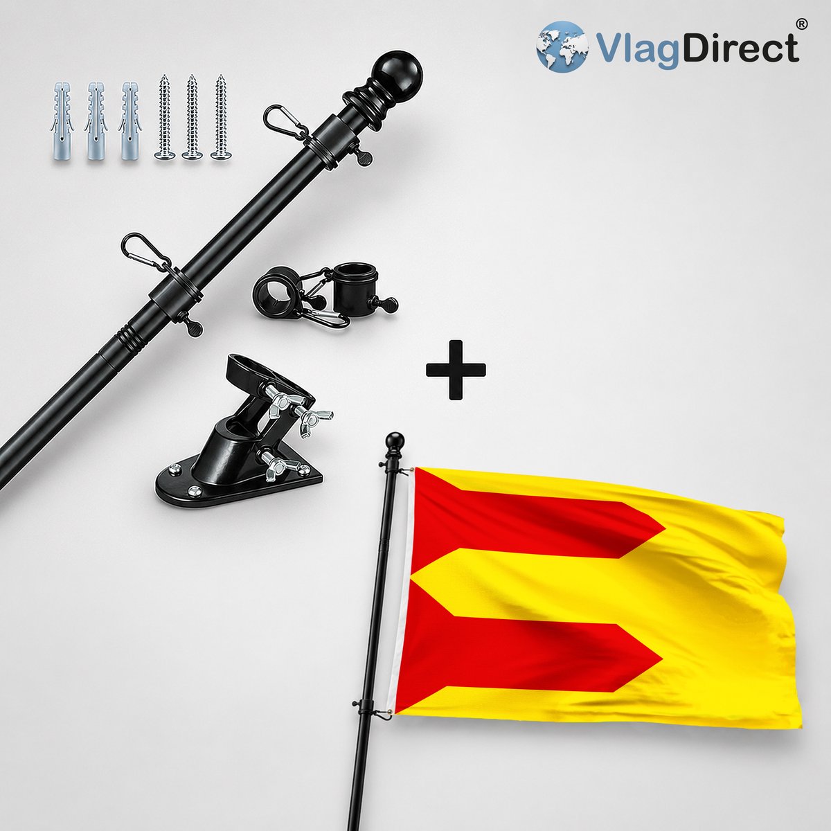 VlagDirect - Compleet vlaggenpakket - Zwarte vlaggenstok inclusief vlaggenstokhouder + Gemeente Bevekom vlag - 90 x 150 cm.