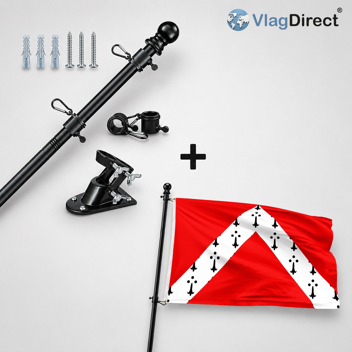 VlagDirect - Compleet vlaggenpakket - Zwarte vlaggenstok inclusief vlaggenstokhouder + Gistelse vlag - Gemeente Gistel vlag - 90 x 150 cm.