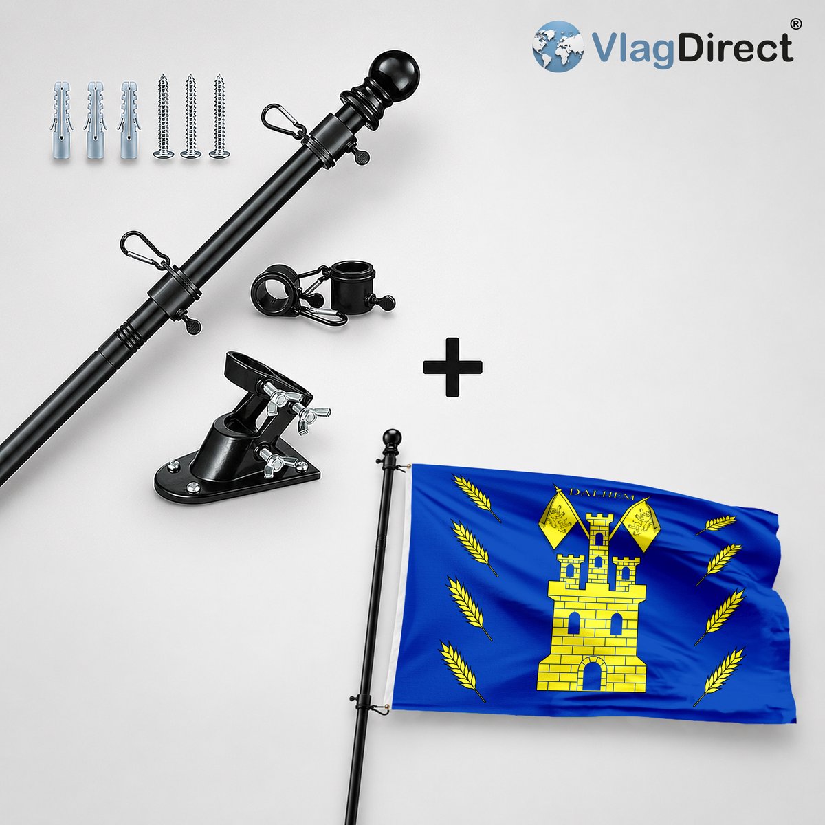 VlagDirect - Compleet vlaggenpakket - Zwarte vlaggenstok inclusief vlaggenstokhouder + Gemeente Dalhem vlag - 90 x 150 cm.