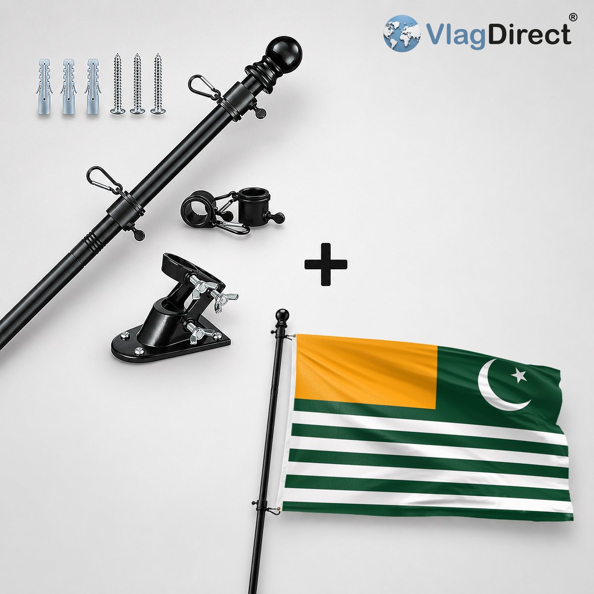 VlagDirect - Compleet vlaggenpakket - Zwarte vlaggenstok inclusief vlaggenstokhouder + Azad-Kashmiri vlag - Azad-Kashmir vlag - 90 x 150 cm.