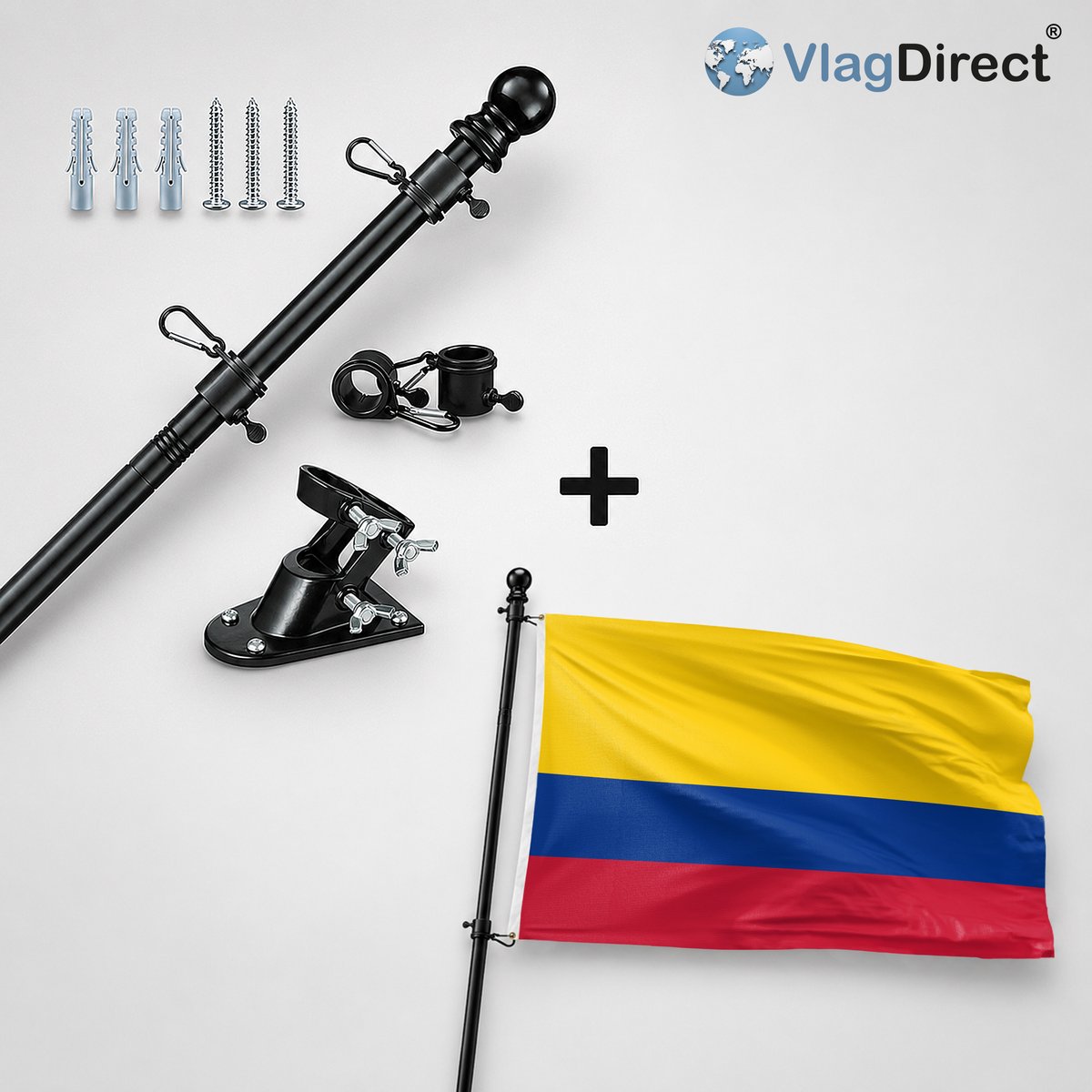 VlagDirect - Compleet vlaggenpakket - Zwarte vlaggenstok inclusief vlaggenstokhouder + Colombiaanse vlag - Colombia vlag - 90 x 150 cm.