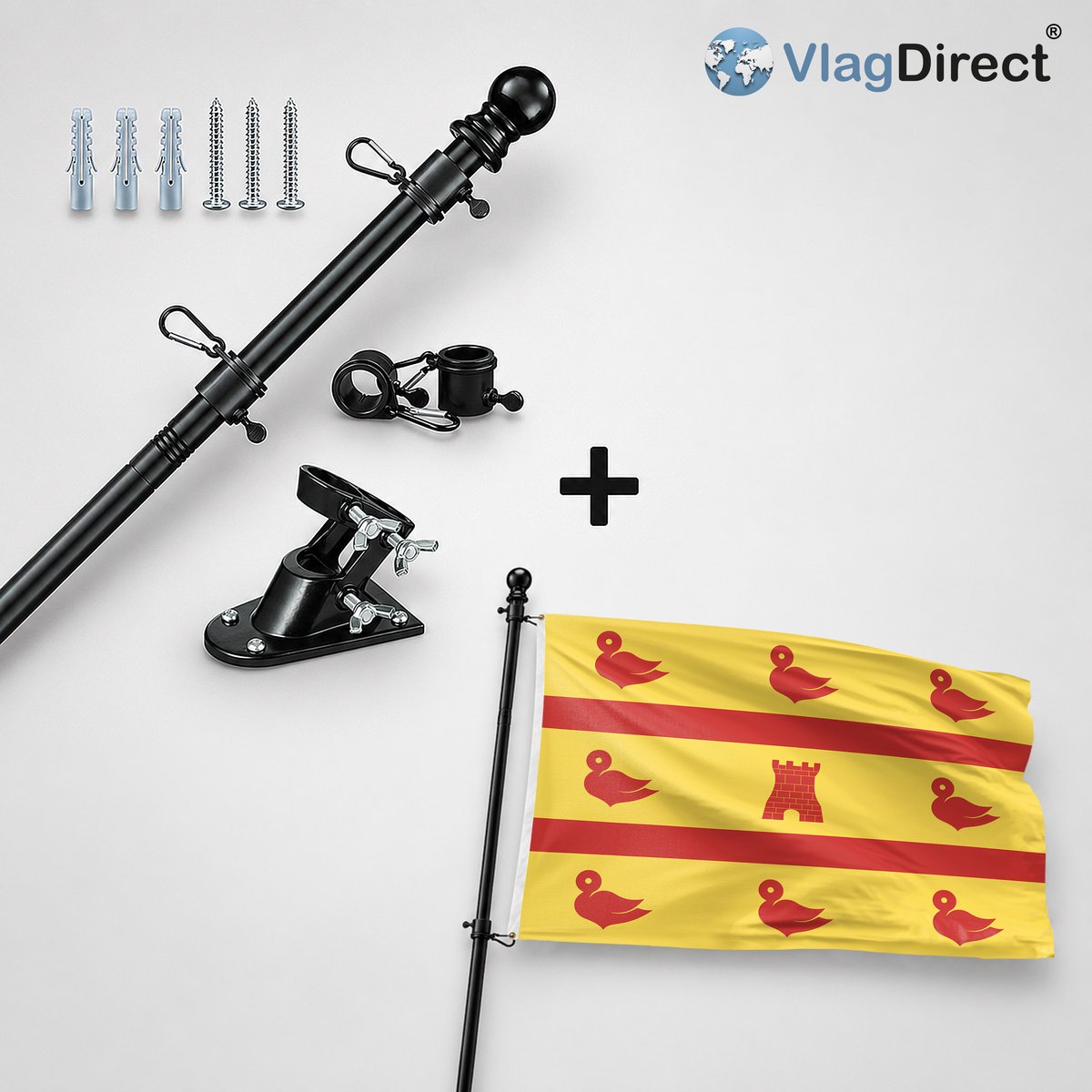 VlagDirect - Compleet vlaggenpakket - Zwarte vlaggenstok inclusief vlaggenstokhouder + Cuijk vlag - Gemeente Cuijk vlag - 90 x 150 cm.