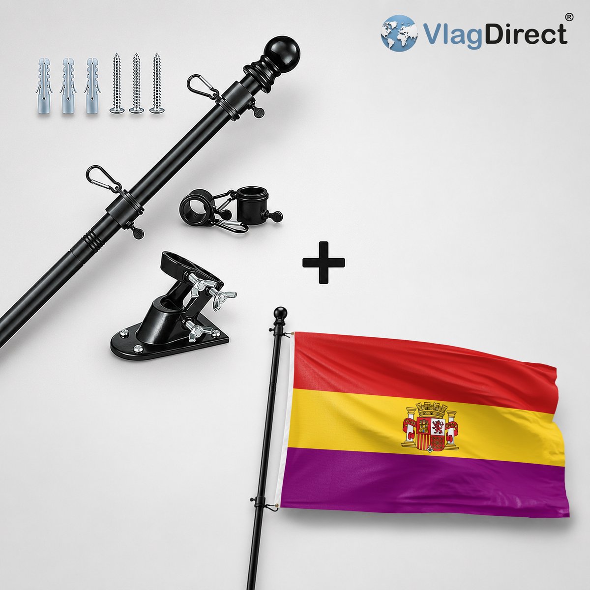 VlagDirect - Compleet vlaggenpakket - Zwarte vlaggenstok inclusief vlaggenstokhouder + Spaanse vlag Tweede Spaanse Republiek - Spanje Tweede Spaanse Republiek vlag - 90 x 150 cm.