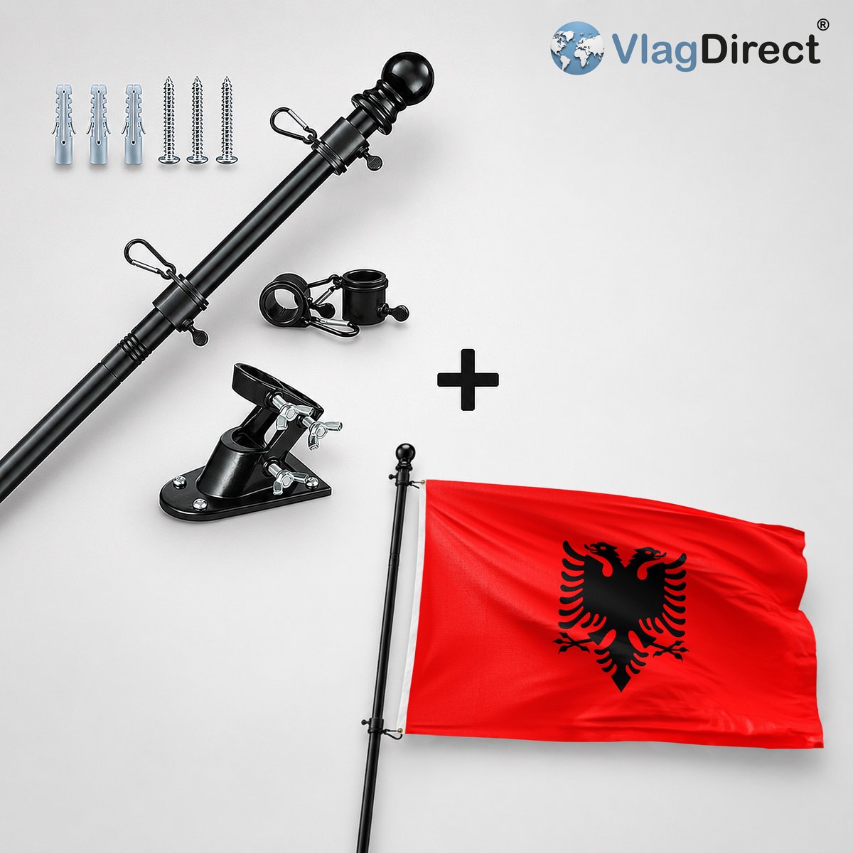 VlagDirect - Compleet vlaggenpakket - Zwarte vlaggenstok inclusief vlaggenstokhouder + Albanese vlag - Albanië vlag - 90 x 150 cm.