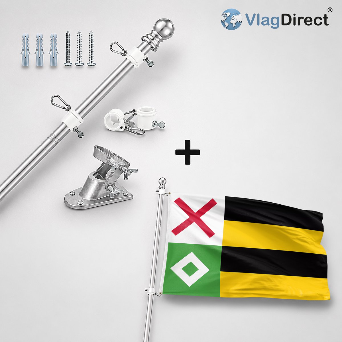 VlagDirect - Compleet vlaggenpakket - Zilveren vlaggenstok inclusief vlaggenstokhouder + Moerdijk vlag - Gemeente Moerdijk vlag - 90 x 150 cm.