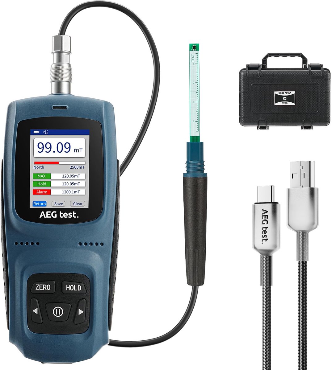 AEGTEST 8103 gausmeter, oplaadbaar, 0-2500 m, magneetometer met gegevensregistratie en alarm, veld- en - ShopVlot